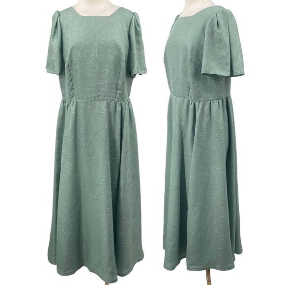 Vintage Dress Fit & Flare Square Neck Short Sleeve Textured Mint Green Womens XL - Picture 1 of 8